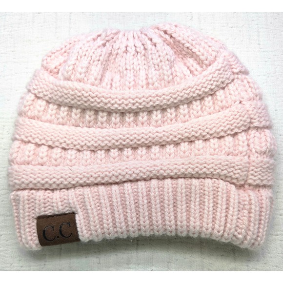 C.C. Accessories - C.C. Beanie Womens Light Pink Cable Knit Acrylic Winter Hat Logo Patch